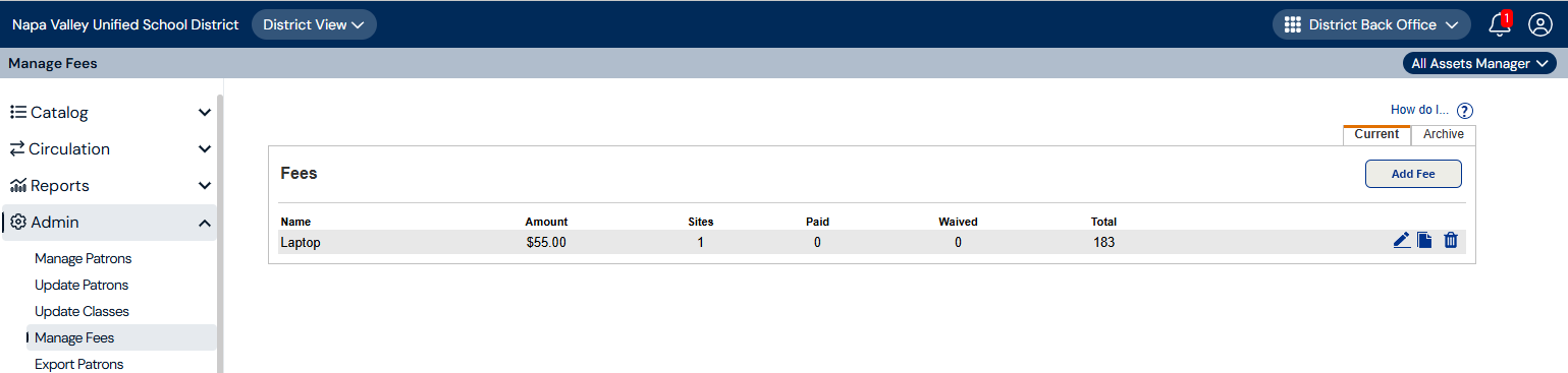 Manage Fees, Current sub-tab.